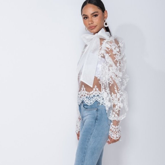 White Lace Long Puff Sleeve Pussy Bow Tie Blouse - Picture 6 of 9